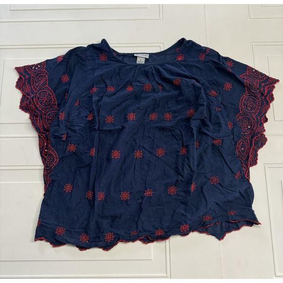 CATHERINES Size 1X Embroidered Eyelet Flutter Sleeve Top 100% Cotton Navy/Red - Picture 1 of 5